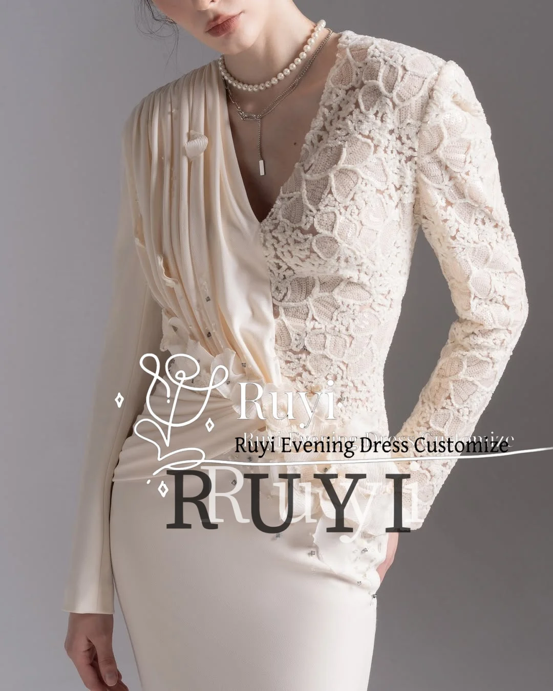 Customized V-Neck Lace Long Sleeves Patchwork Evening Dresses with 3D Flowers Elegant Women Party Dress Prom Gown