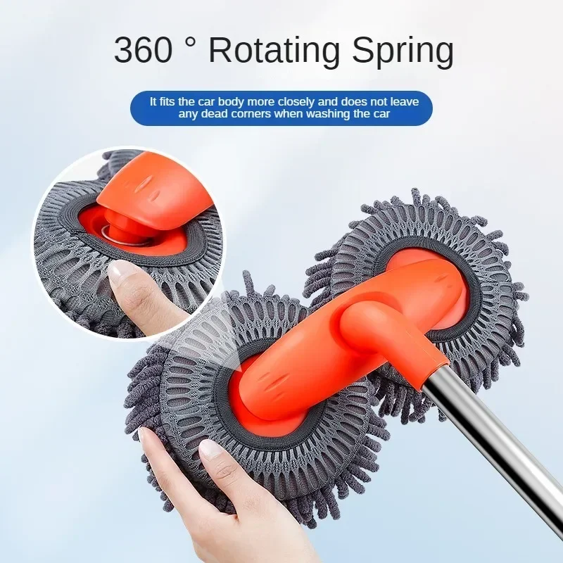 Car Washer Mop Foam Wash Chenille Brush Double Brush Head Roof Window Cleaning Maintenance Three-Section Telescopic Mop