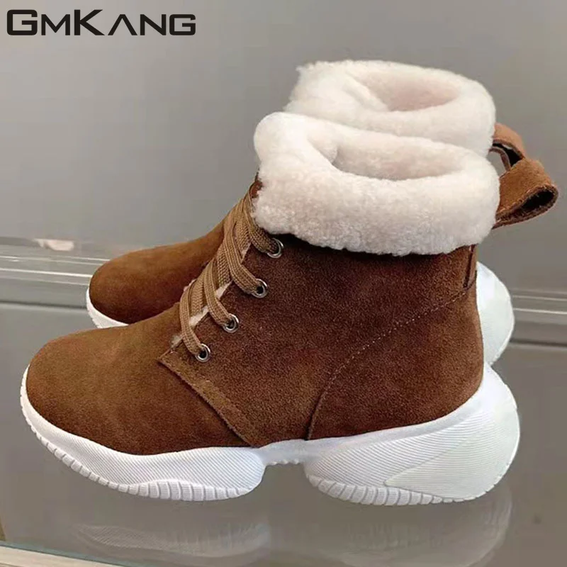 

Winter Wool Shoes Women Flat Snow Boots Round Toe Lace Up Casual Shoes Woman Fashion Comfort Sneakers Women Short Boots Woman