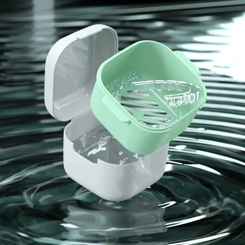 1 حزمة أسنان حمام حالة المحمولة طقم أسنان نقع الحاويات حامي الفم صندوق تخزين مع سلة مصفاة لتنظيف السفر #5