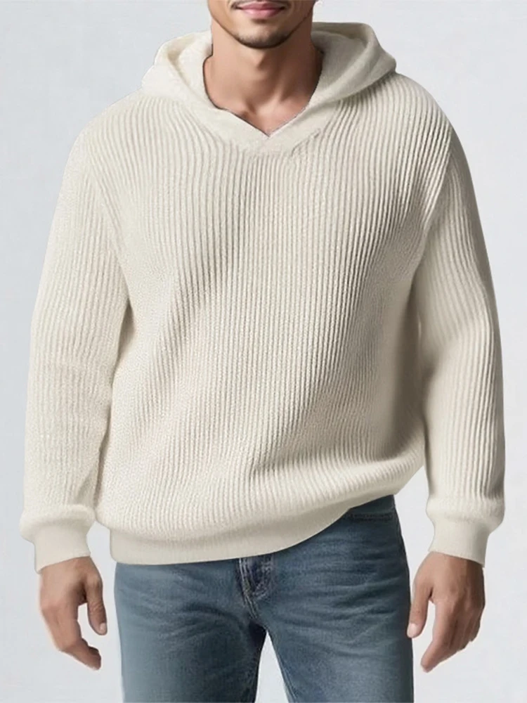 

Casual Solid Color Long Sleeve Knitted Hooded Sweater Vintage Men's Textured Knitting Hoodies Outdoor Fashion Mens Knit Sweaters
