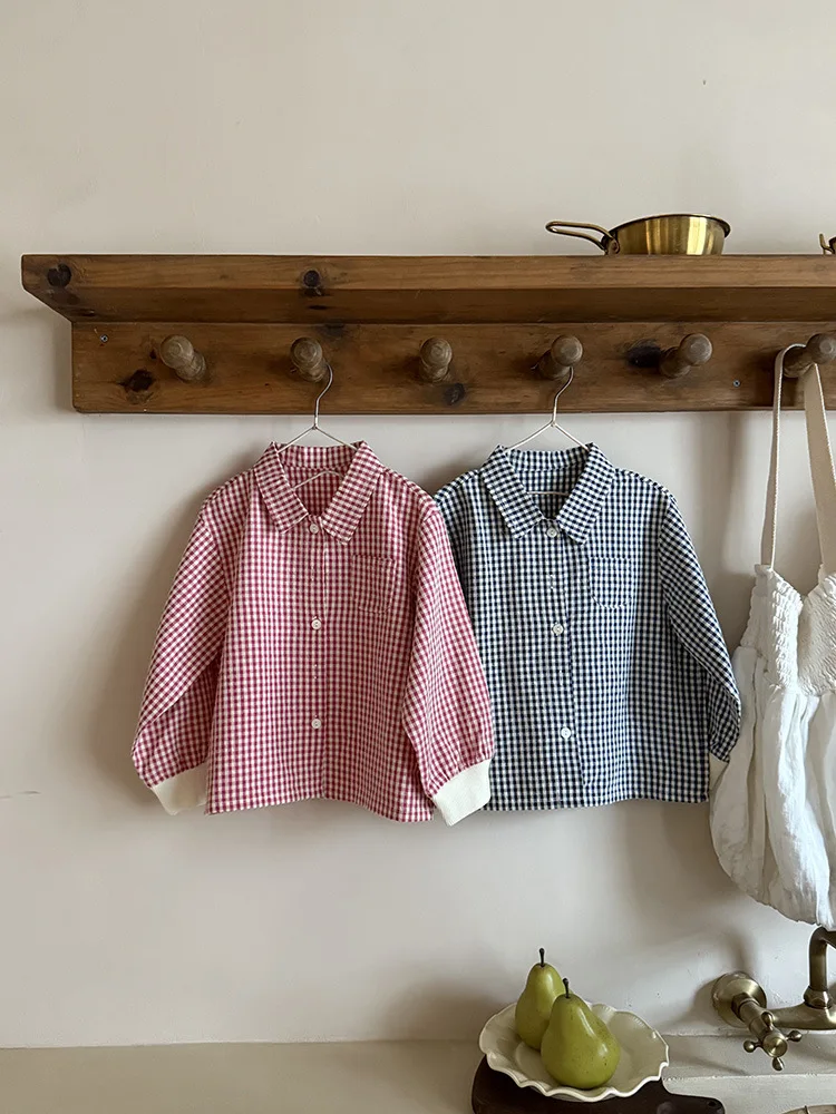 

Girls Autumn Plaid Shirts 2025 New Korean Fashion Casual Daily Long Sleeve Turn-down Collar Blouses Kids Single Breasted