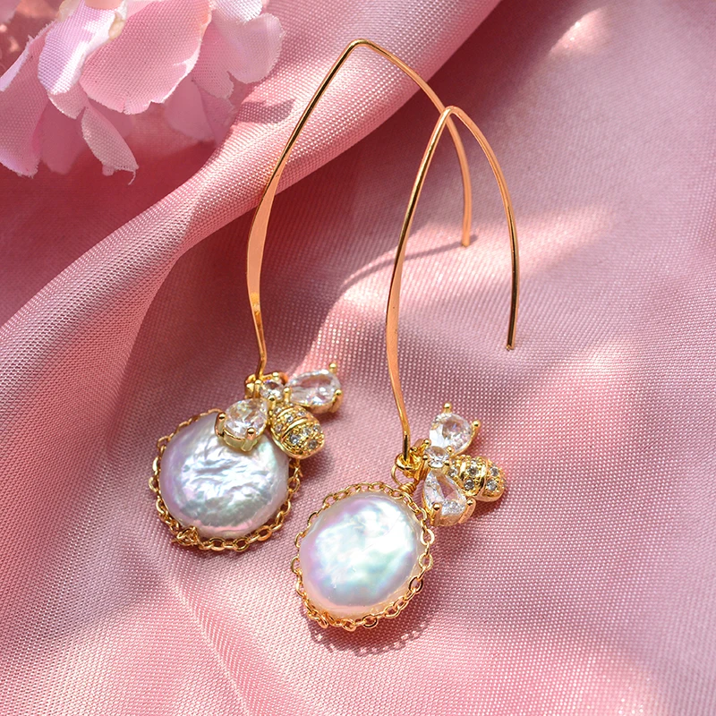 

New Style Trendy Honeybee Shiny Crystal Natural Baroque Freshwater Pearl 14K Gold Filled Female Tassels Drop Earrings Jewelry