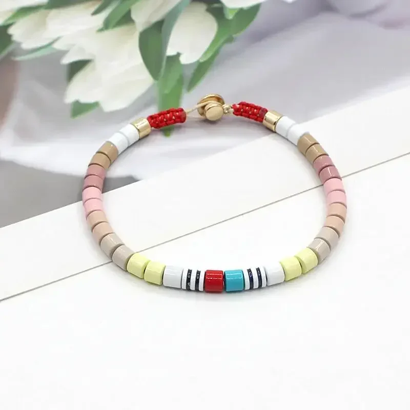 DIY Ladies Fashion Rainbow Enamel Bead Painting Oil Paint Bracelet Boho Hand Woven Charm Ladies Cuff Bracelet Jewelry Wholesale