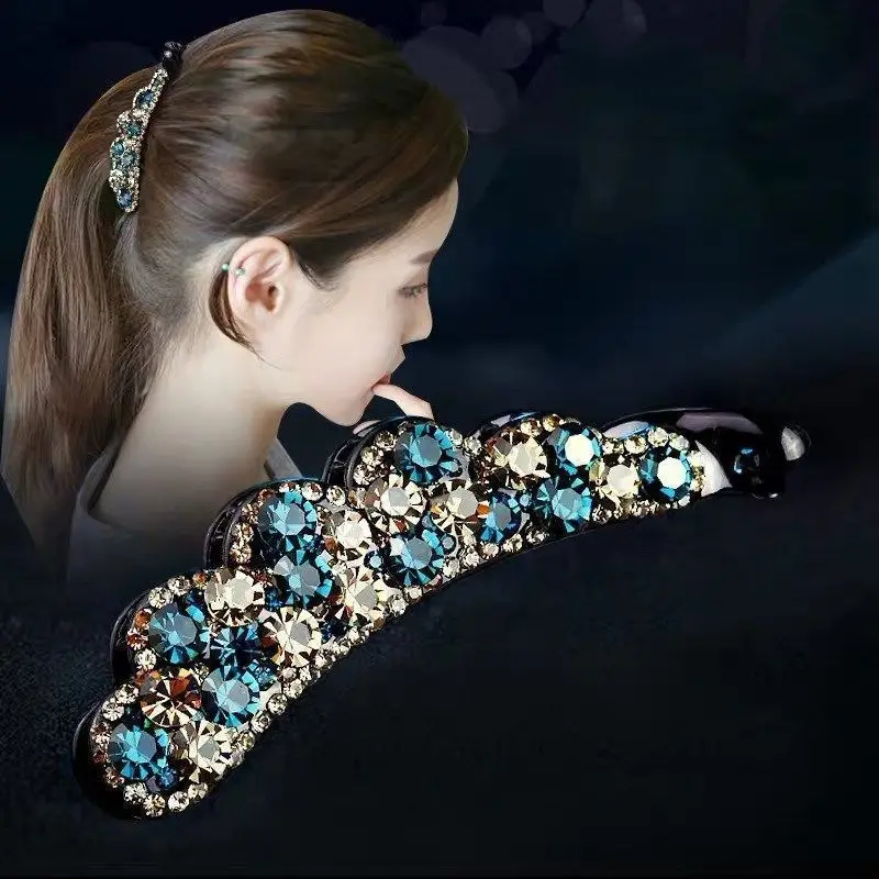 Korean high-end crystal banana clip vertical clip hairpin Korean hair accessories rhinestone large ponytail clip hairpin