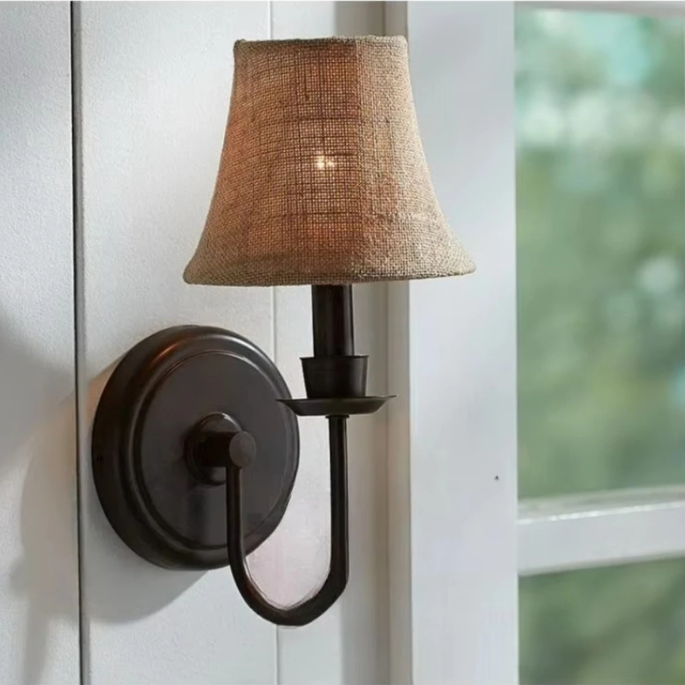 American Linen Wall Lamps Bedroom Headboard Study Balcony Corridor Retro Decorative Sconces Metal Indoor Home Lighting Fixtures