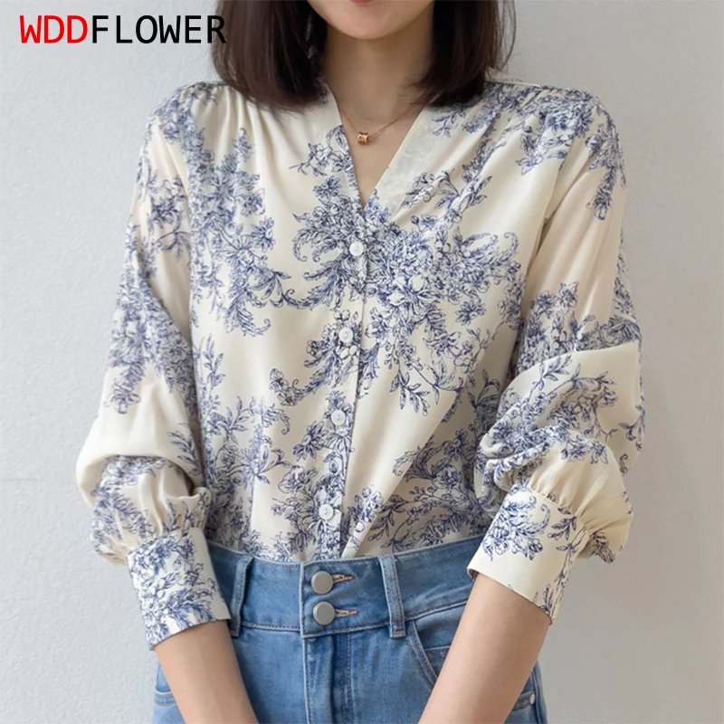 Kobiety jedwabna koszula 100% morwy krepowany jedwab białe kwiatowe nadruki dekolt w szpic puchowa, długa bluzka Top z rękawem typu lampion M L XL M1129