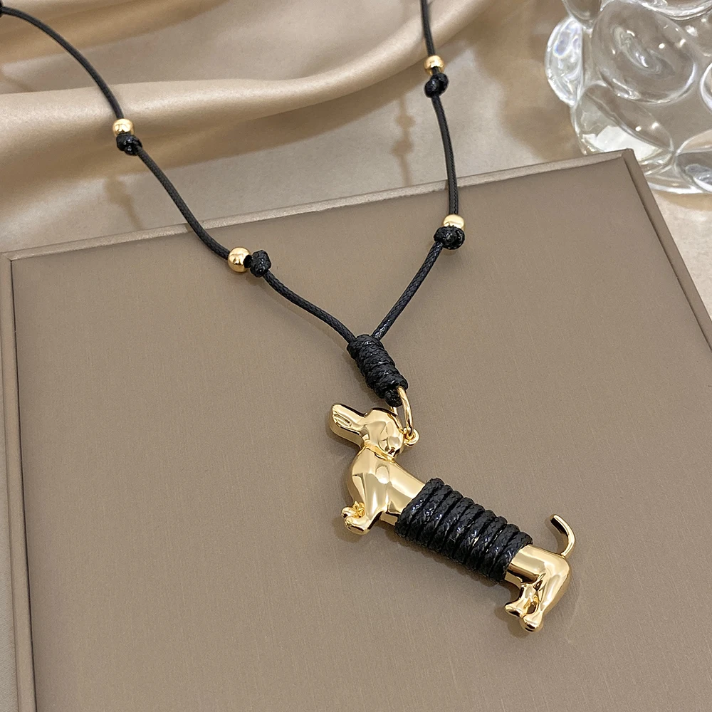Vintage Punk Handmade Braided Artificial Leather Rope Dachshund Pendant Necklace Long Sweater Chain Collares Necklaces for Women