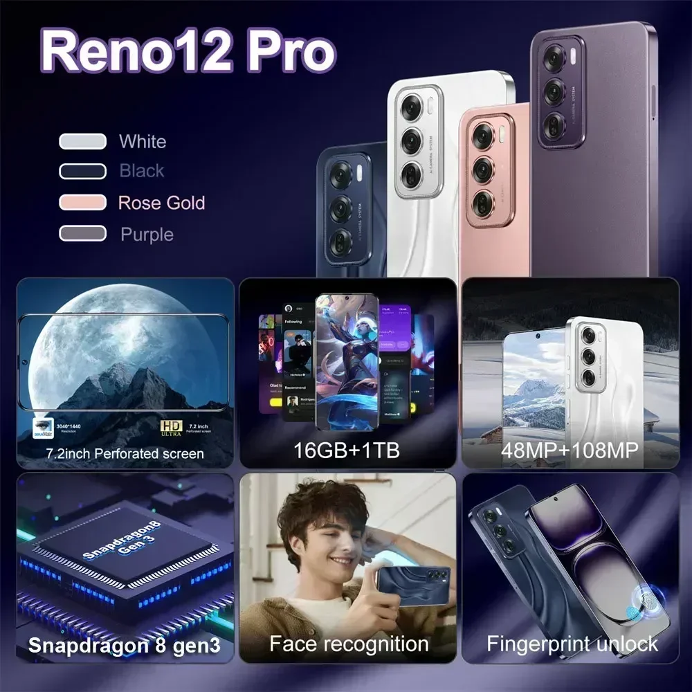 Smartfon Reno12 pro 5G telefony inteligentne mobilne 16GB + 1TB podwójne telefony SIM Snapdragon 8 gen 3 Android 14 odblokowany telefon komórkowy