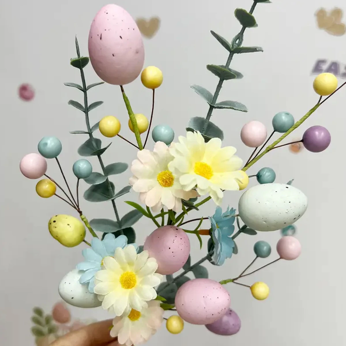 Pastel Easter Artificial Flower Bouquet - Plastic Faux Floral Arrangement with Eggs and Berries - for Home Decor