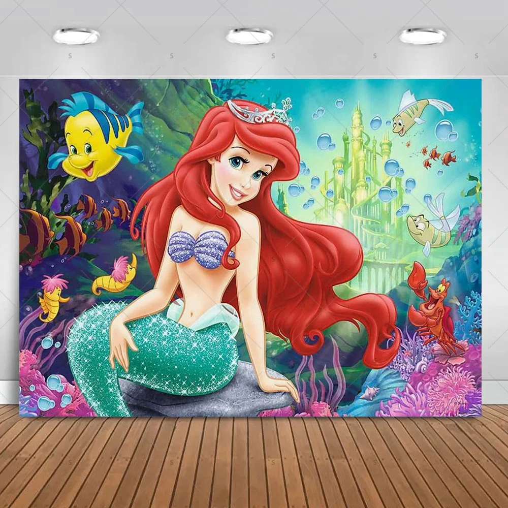 Disney Little Mermaid Ariel Theme Photography Backdrops Seaweed Children's Birthday Parties Photo Studio Background QA-11 - view 3