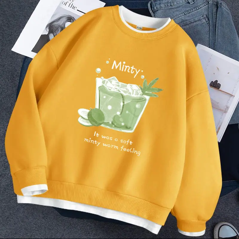 O-neck Sweatshirts Women Baggy M-4XL Fake Two Piece Design Print Teens Unisex Korean Fashion Clothes Students Spring Kawaii Ins