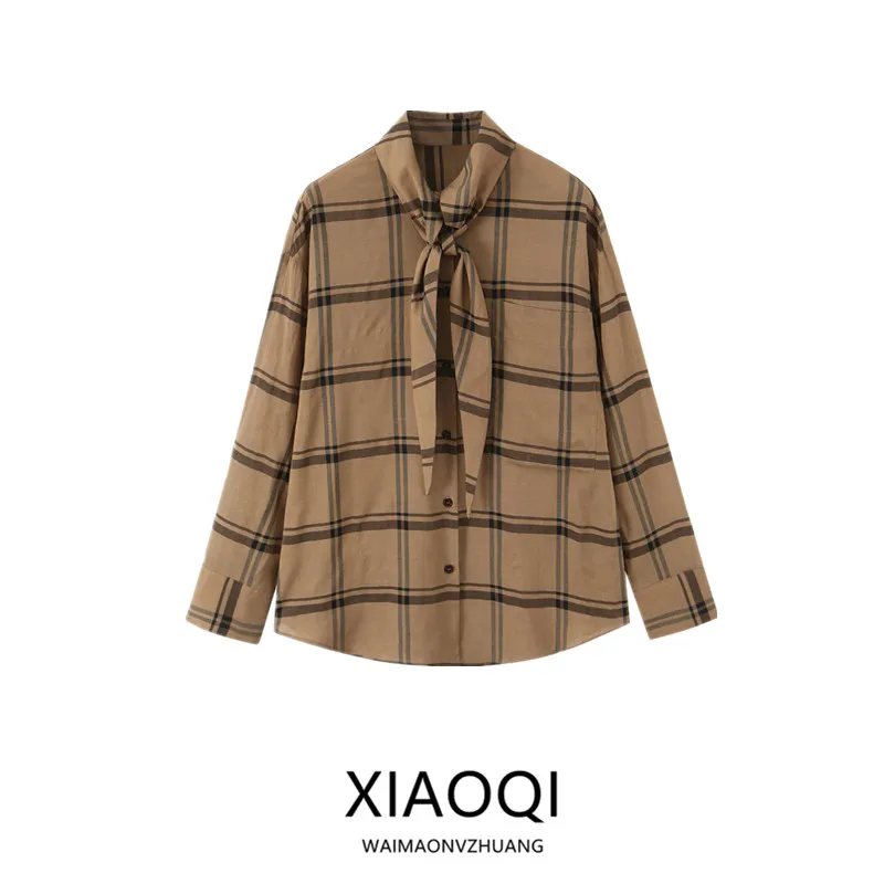 Trendy Plaid irt Scarf Collar Women's Faion Autumn 2025 New Arrival Versatile Clothing European Sle Long Sve Regular...