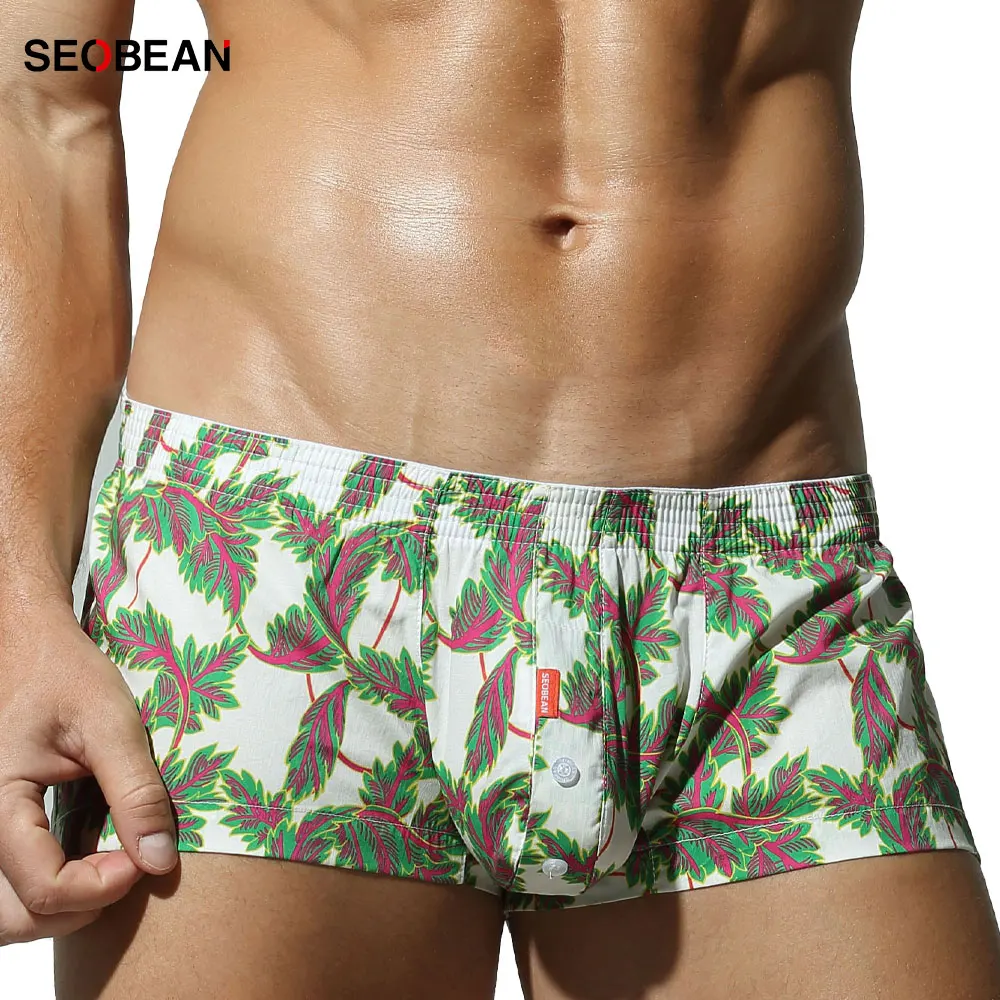 SEOBEAN Men's Cotton Boxer Shorts with Elastic Waist And Button Fly - Soft Breathable Print Underpants for Daily Home Wear