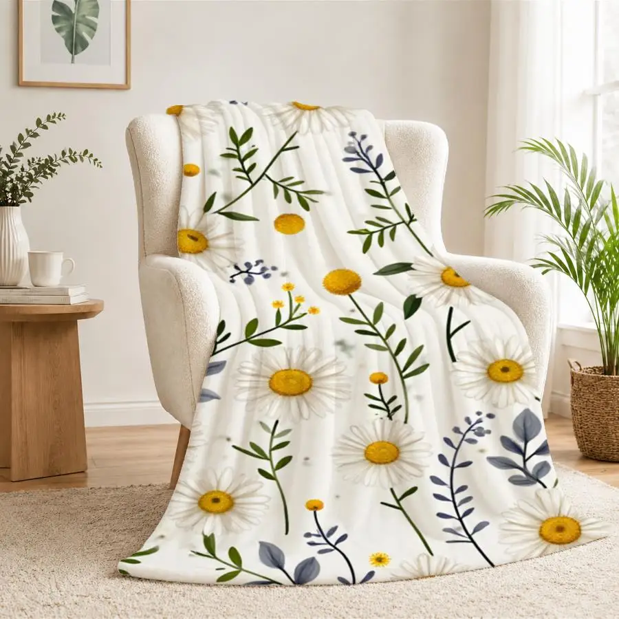 Soft Hand-Drawn Daisy Flannel Throw Blanket - Cozy White Floral Pattern with Green Leaves, Warm Decor for Couch & Bed, Ideal Gift for Home Office 2D Flat Weighted Blanket 280GS