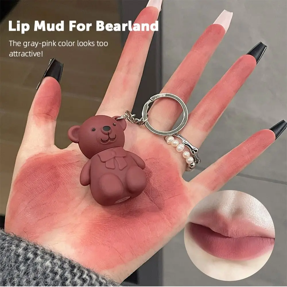 Bear Nourishing Lipgloss Moisturizing Lip Glaze Lip Plumper Lipstick Lip Gloss with Keychain Matte Lip Mud Velvet Lip Tinted