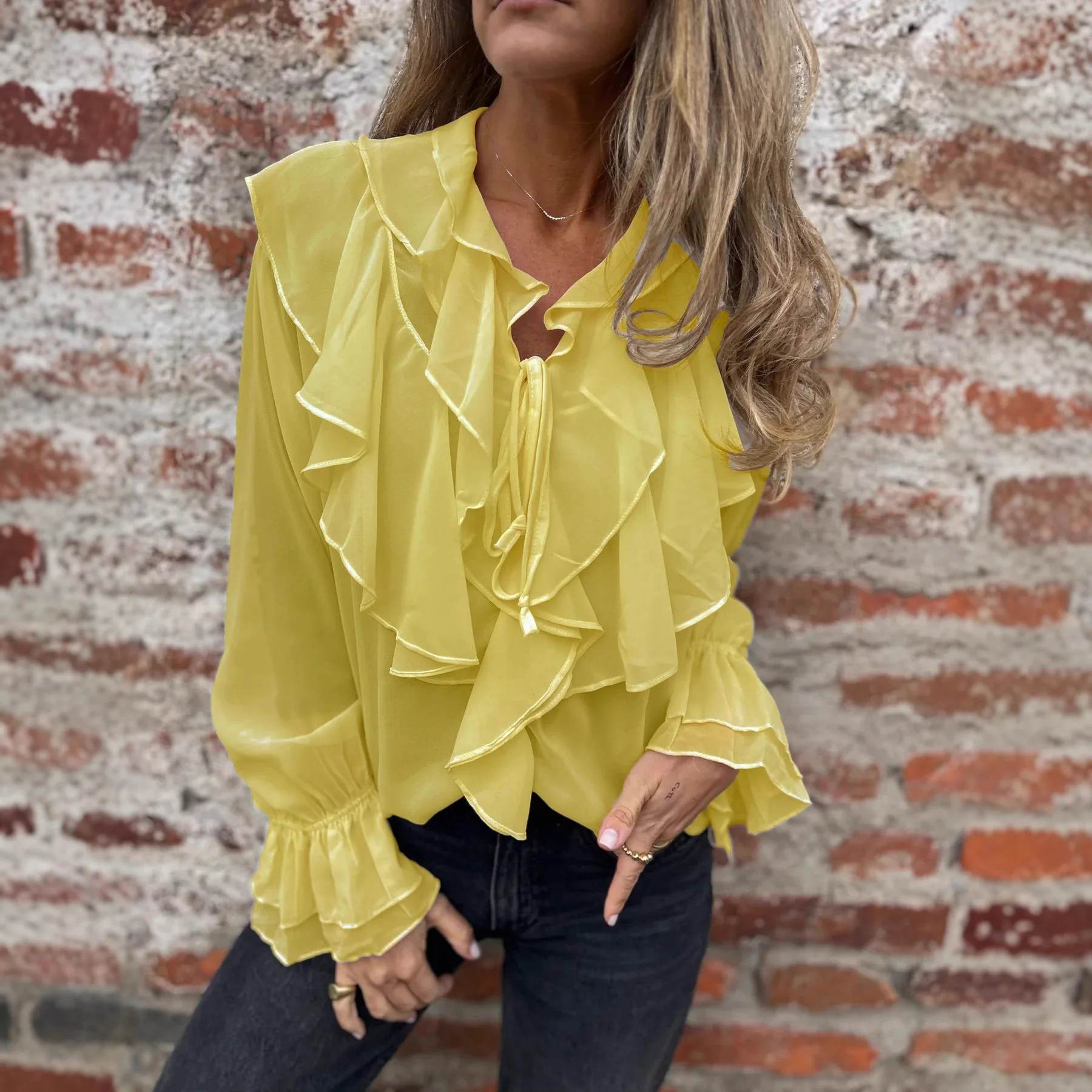 

Women's New Fashion Solid Color V neck Chiffon Blouse Ruffled Flare Sleeve Drape Breathable Versatile Elegant Office Commute Top