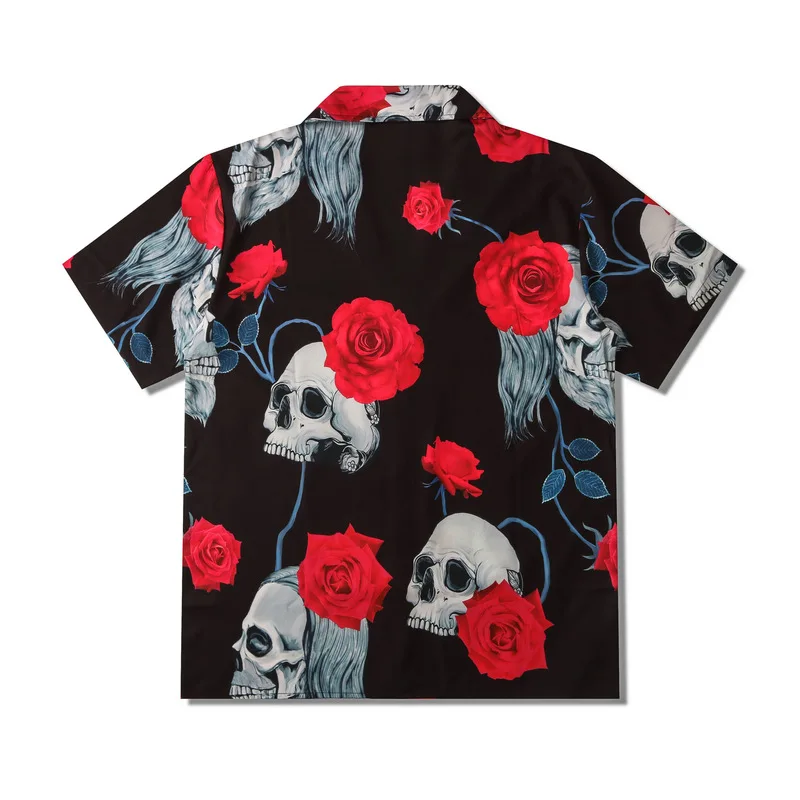 Summer New Trend Mens Rose Skull Printed Hawaiian Short Sleeve Shirts Men Button Up Oversized Hawaii Beach Shirt Chemise Homme