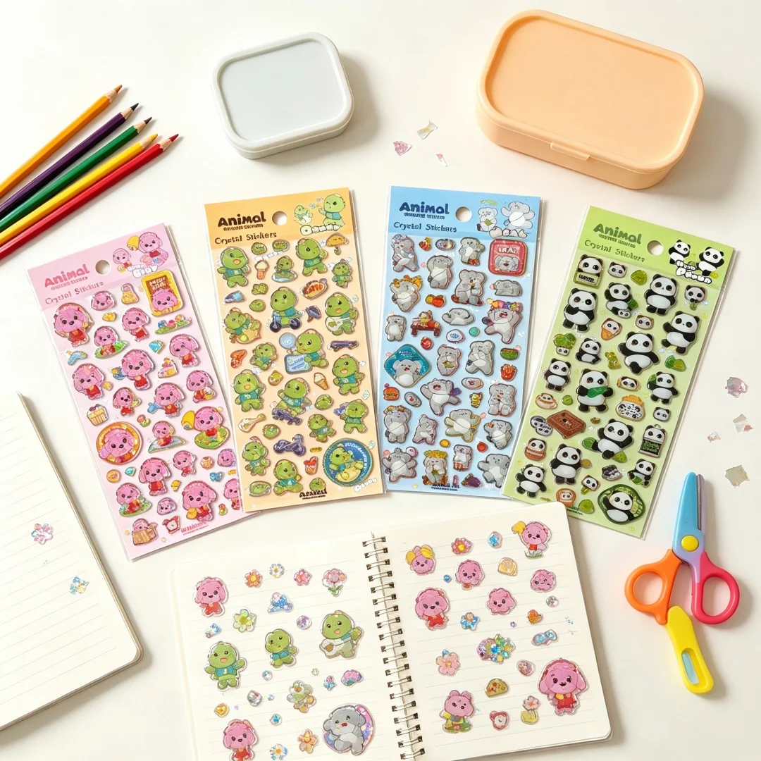 4 Sheets Cute Animal 3D Crystal Epoxy Stickers, Kawaii Glossy Sparkle Waterproof Stickers for Kids DIY Scrapbook Crafts