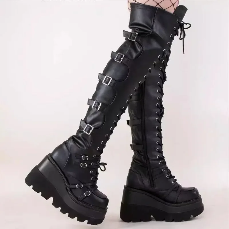 Gothic Punk Women Thigh Boots Platform Chunky High Heels Cosplay Black Street Shoes For Woman Y2K Motorcycle Over The Knee Boots