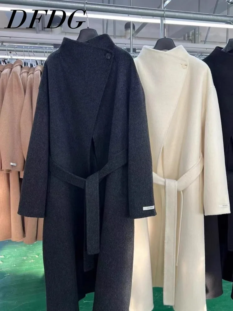 

DFDG 2025 Women’s Designer Double-Faced Cashmere Coat Handmade Belted Long Oversized Stand Collar Winter Jacket Autumn Outerwear