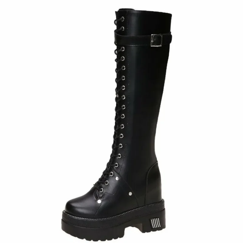 10CM New Women Platform Knee High Boots Winter Warm Plush Long Boots Leather Motorcycle Boots Lace-up Chunky Sneakers High Heels