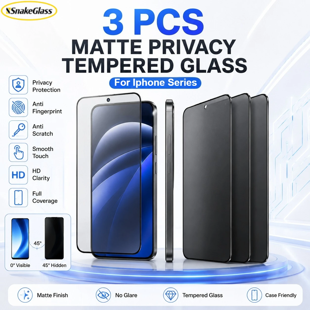 Mattes Sichtschutzglas für iPhone 17 Pro Max 17E 16 15 14Plus 13 12 11Pro Max XS Displayschutzfolie 9H Anti-Spy Anti-Fingerabdruck-Film