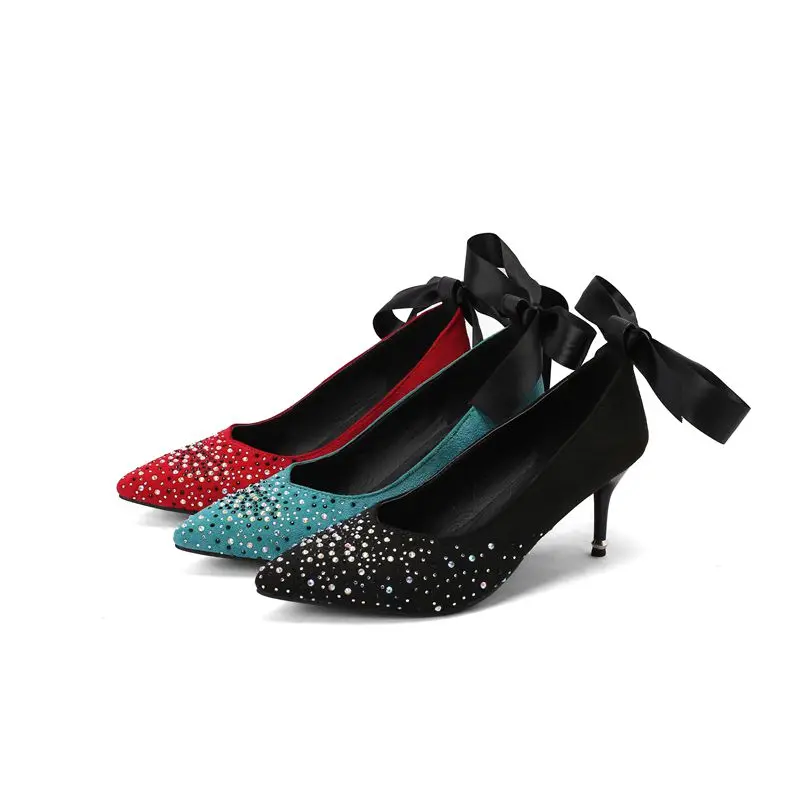 

ORCHA LISA Fashion shoes Sexy Women's Pumps Pointed Toe Thin Heel Slip On Bowknot Crystal Plus Size 41-43 Fashion Party Wedding