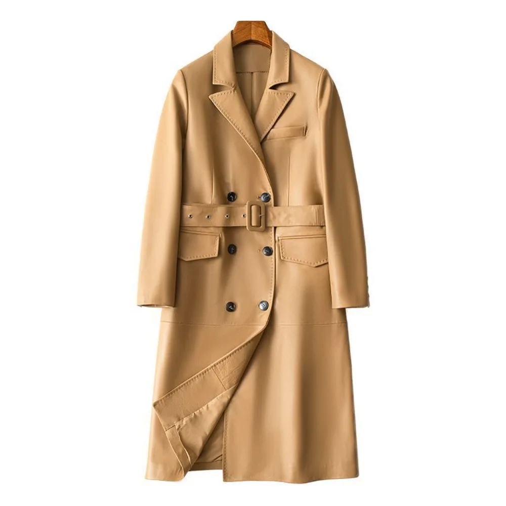 2025 New Women Sheepskin Leather Trench Coat Spring Long Casual Belted Jacket