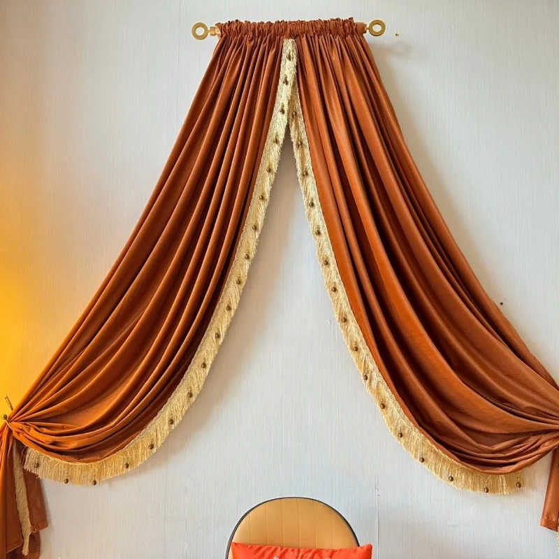 

Velvet bed mantle thickened bedside decorative curtain fringed medieval retro warm sun orange princess hat curtain gold art pole