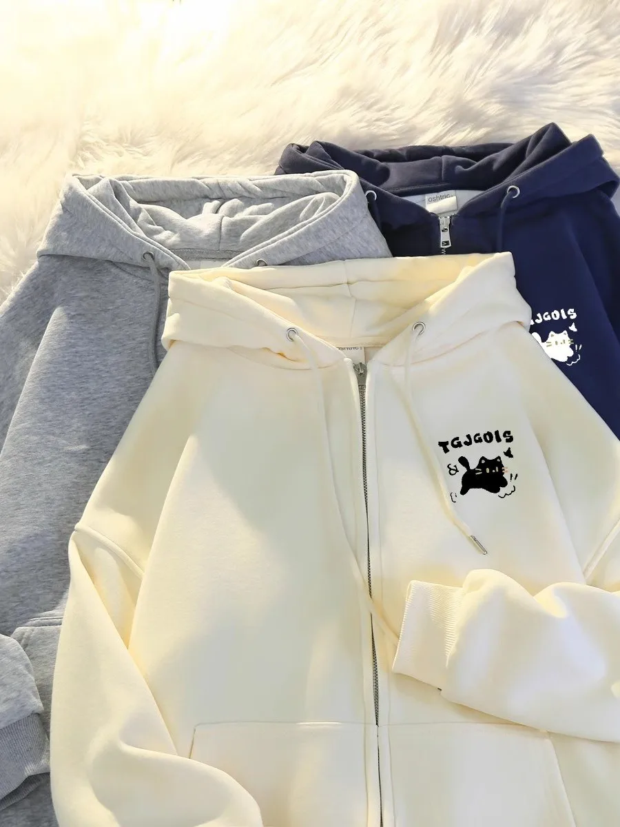 

2025 Spring Autumn Women's Hoodie Thickened Fleece Oversize Casual Loose Open Cardigan Long Sleeve Zipper Cartoon Pattern