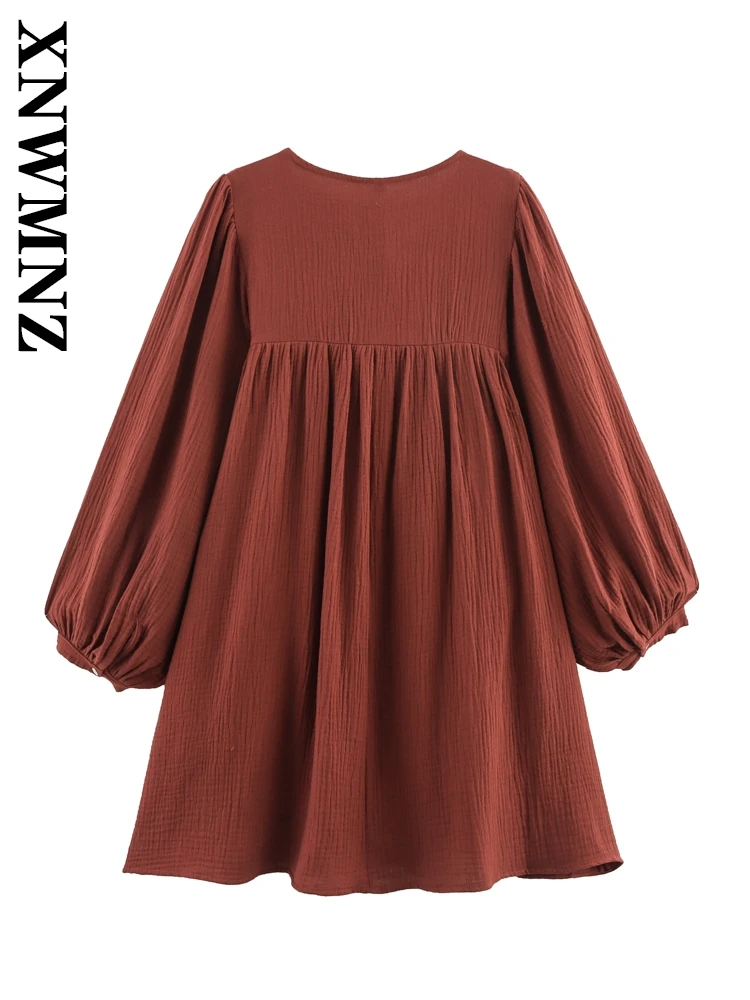 XNWMNZ 2025 Summer New Woman's Fashion Holiday Long Sleeve mini Pleated dress Chic Simple Woman BROWN O-Collar boho Dresses Tie