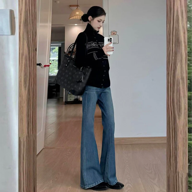 

Утепленные джинсы Thiened Fce в стиле ретро, синие, микро-клеш, женские, осенне-зимние, с высокой талией, из хлопка, стрейч, на молнии, облегающие, с эффектом похудения