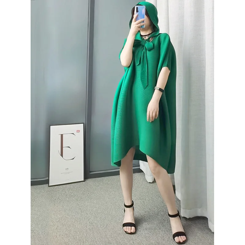 Fashionable and high-end pleated Miyake dress, scarf, hooded, loose fitting, flesh blocking, plus size [ALL014]