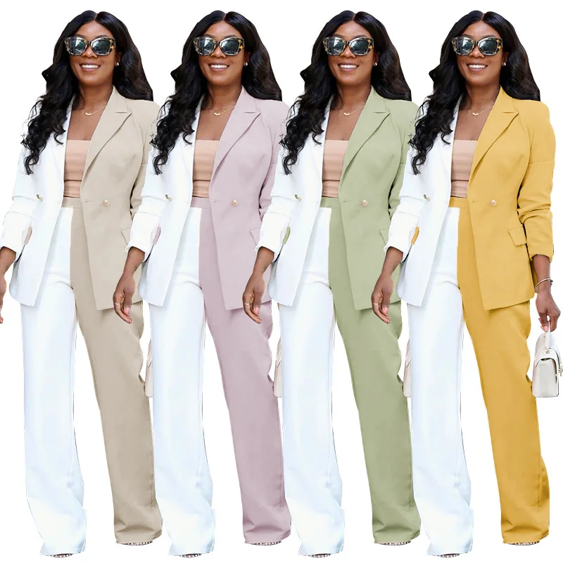 Plus Size Women Suits Set Formal Casual Blazer+Pants Splicing Colors 2 Pcs Jacket Straight Trousers Prom Dress In Stock