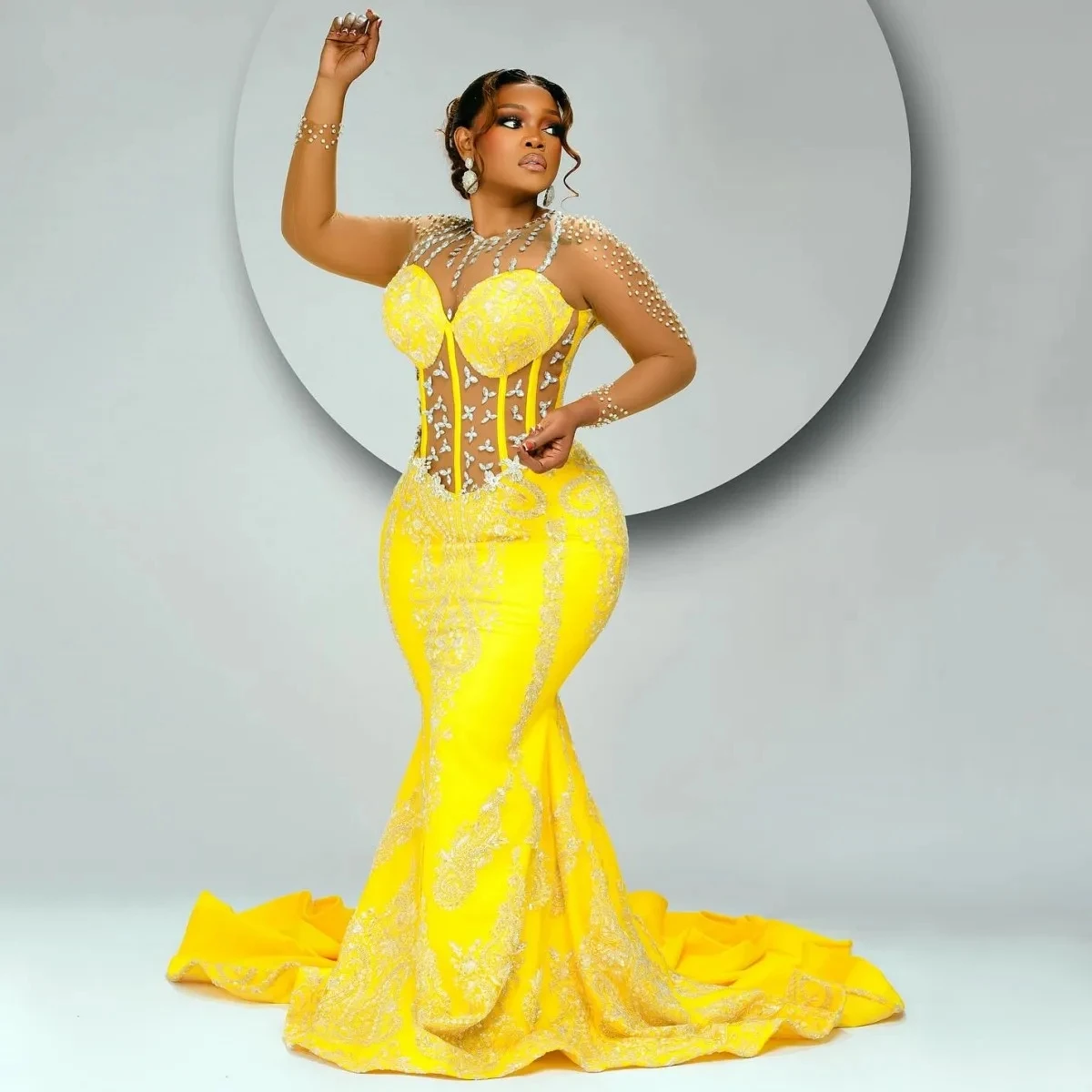 IIlusion Neckline Long Sleeves See Through Mermaid Prom Dress Nigerian Plus Size Evening Dresses For African Women Formal Gowns