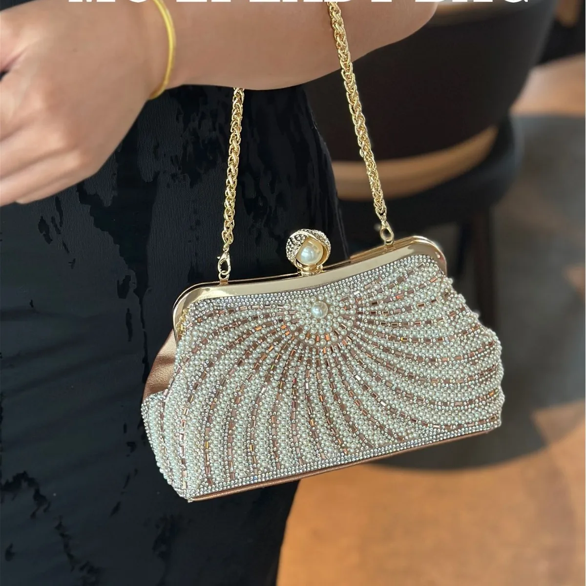 

High Quality Women Handbag Fashion Beads Beaded Banquet Bag Glitter Shiny Evening Bag Wedding Party Clutch Purse Shoulder Bag