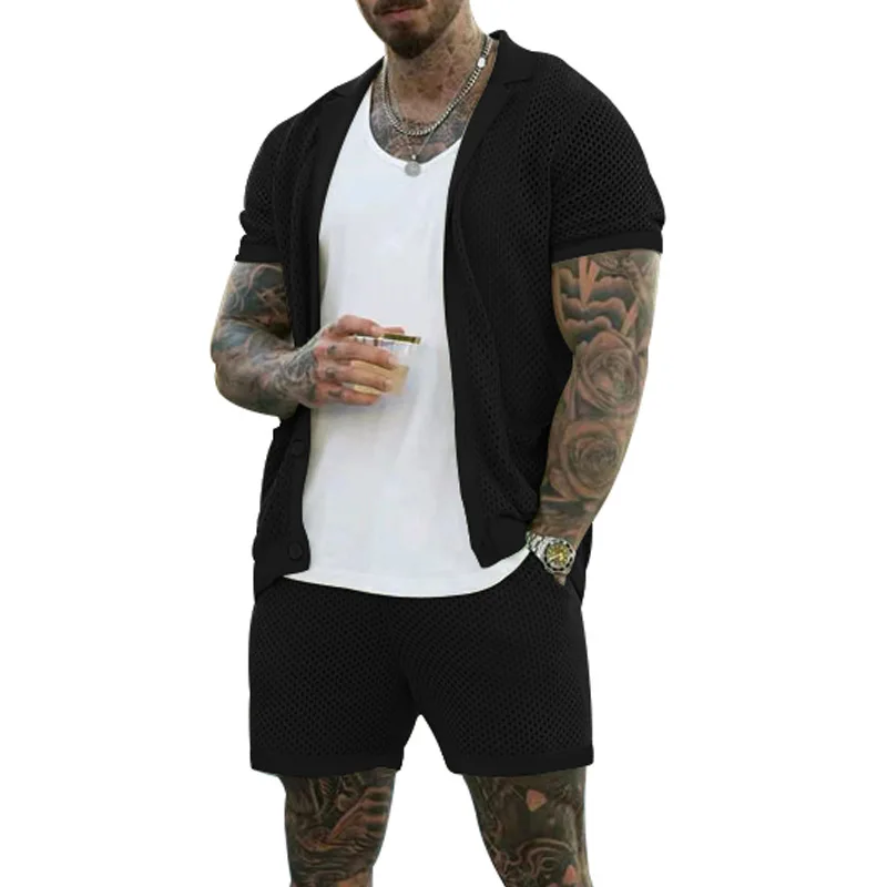 2026 Sommer Herren Ausgehöhltes Dünnes Zweiteiler-Set: Kühles, Atmungsaktives Kurzarm-Oberteil mit Passenden Shorts – Lässiges Alltagsoutfit im lockeren Schnitt – Detail 25