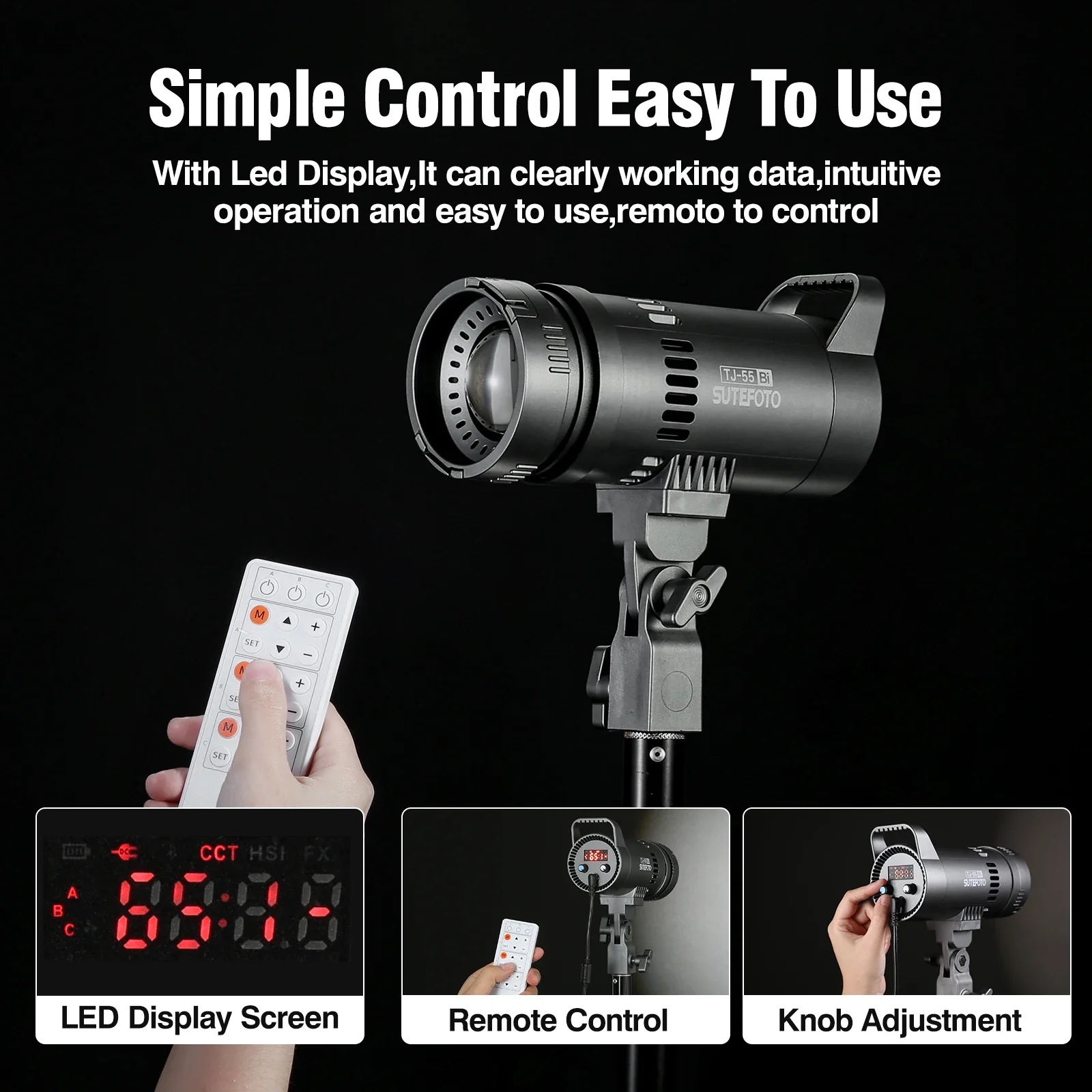 Sutefoto TJ-55 Video Light 55 Вт двухцветная лампа с фокусным расстоянием 3200K-5600K±200K CRI/TLCI 97+ COB Студийный светильник для фотографии Заполняющий светильник
