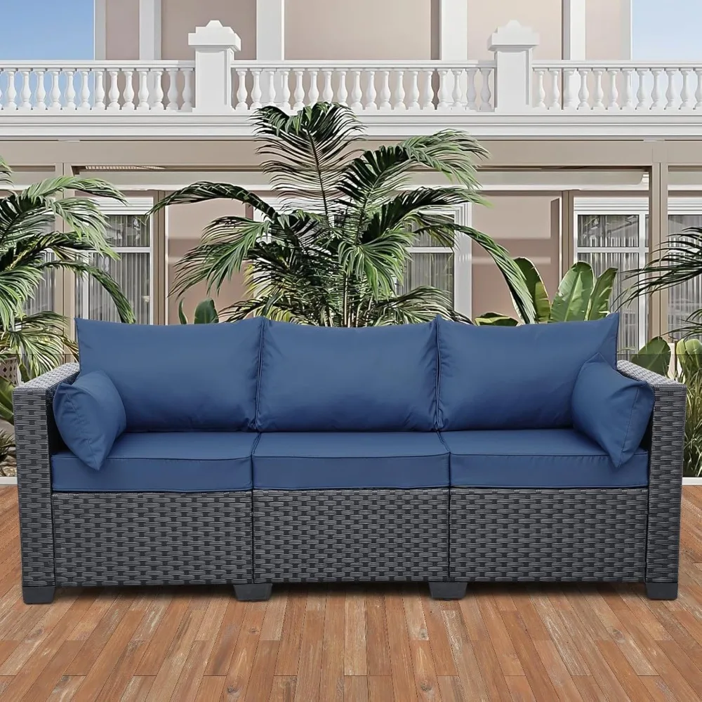 

3-Seat Outdoor Rattan Sofa Patio Couch Black Seating Furniture with Washable Navy Blue Cushions,Outdoor Rattan Sofa
