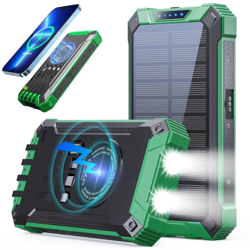 26800mAh Solar-Ladegerät Powerbank Notfall Tragbarer Externer Akku mit 4 Eingebaute Kabeln, USB-C, 6 Ausgängen & 2 Eingängen