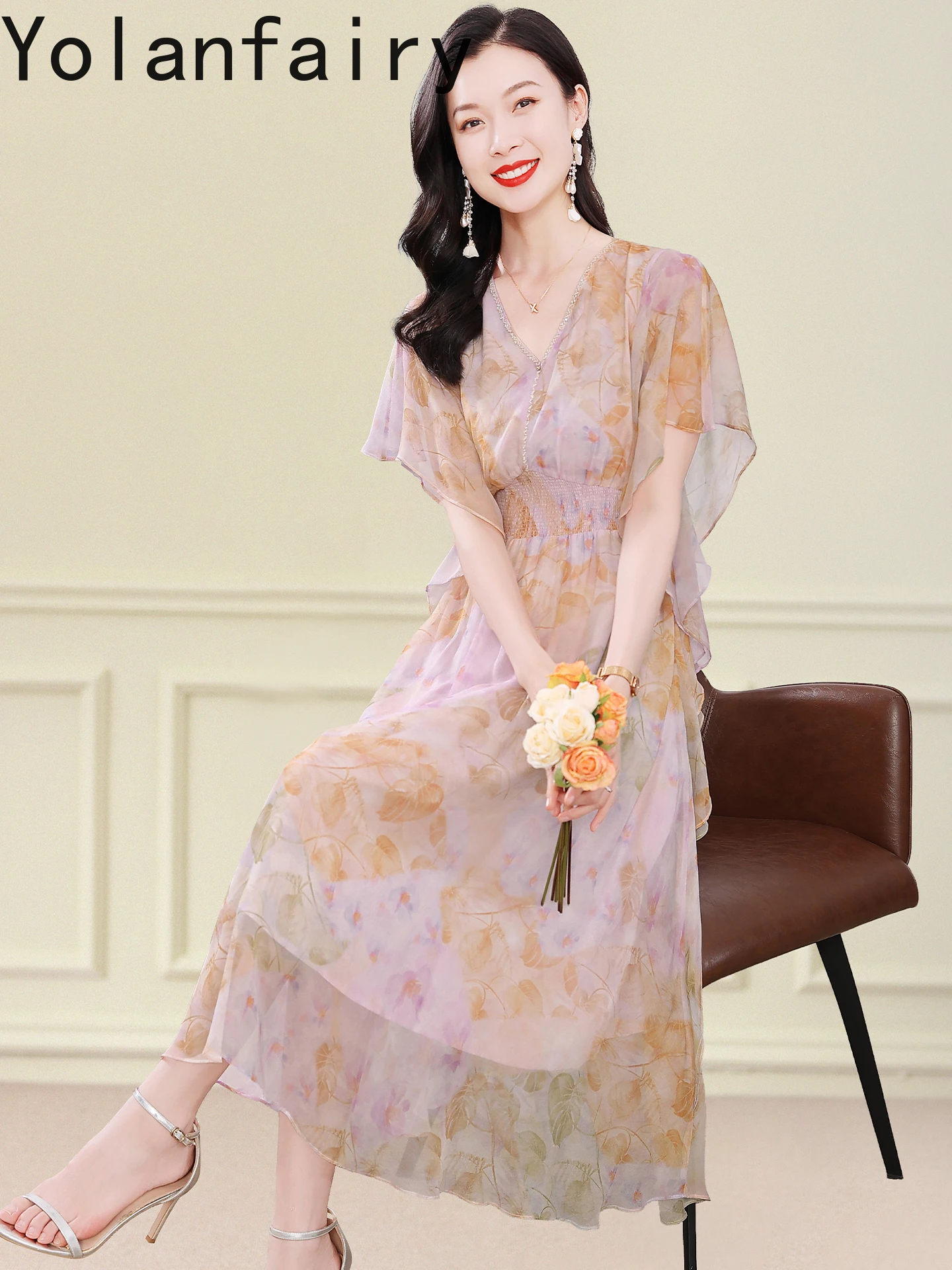 YOLANFAIRY 100% فستان حريري التوت الحقيقي للمرأة الصيف فساتين أنيقة عطلة أعلى جودة فستان طويل الأزهار فساتين حريمي