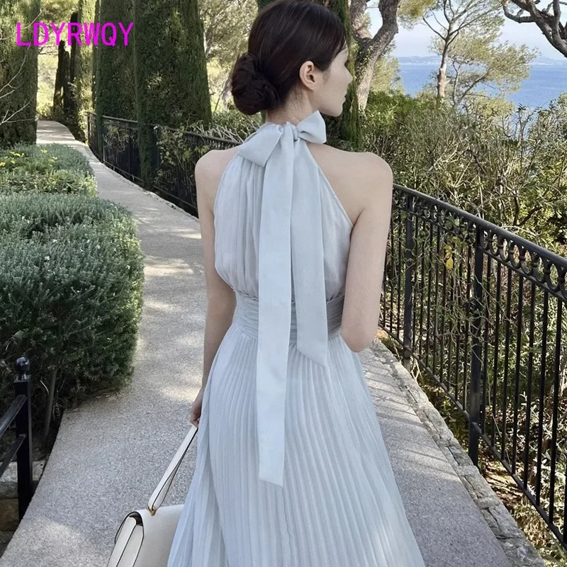 

Королевская сестра, ветер, отдых на море, плиссированное шифоновое платье с воротником, женское новое платье с талией и тонкой талией