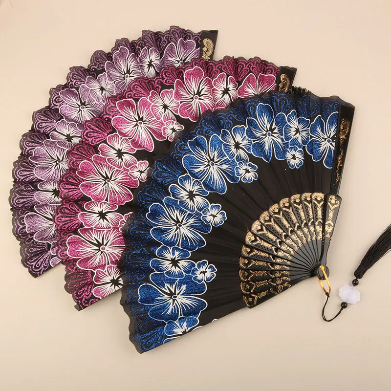 Retro Floral Print Folding Fan Chinese Style Plastic Ribs Hand Fan Portable Summer Women's Folding Fan Dance Performance Props