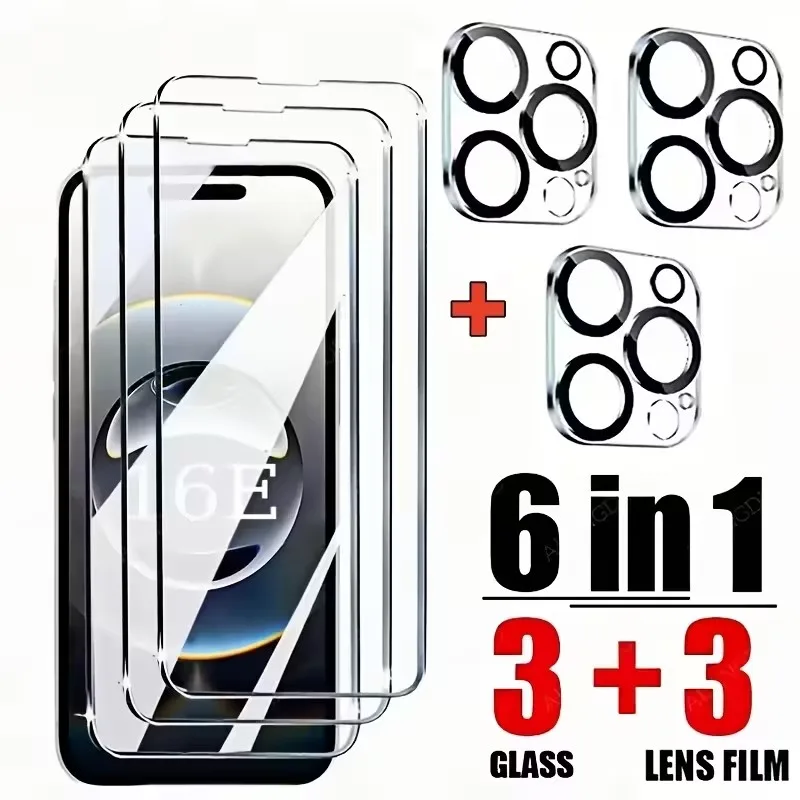 6-in-1-Telefon aus gehärtetem Glas + Kameraschutz, Linsenglas für iPhone 11, 12, 13, 14, 15, 16 Pro Max 15 Plus