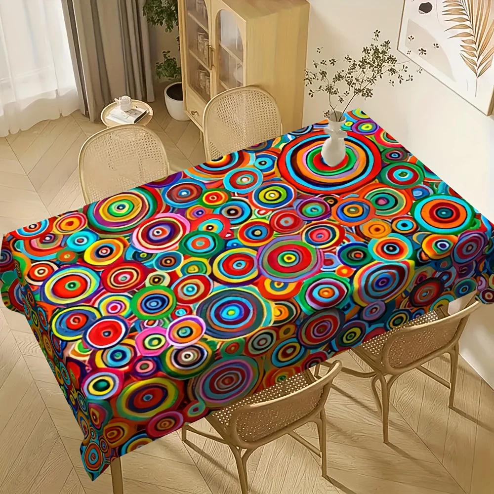 A daily tablecloth featuring a bright multi-color concentric circle pattern, perfectly suitable for the living room.