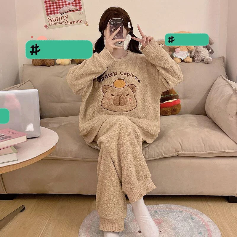 

Women's pajamas Comfortable Sleepwear Cotton Pajama Set winter autumn Plush Cute Warm Coral Fleece Thick High Quality Home Suit