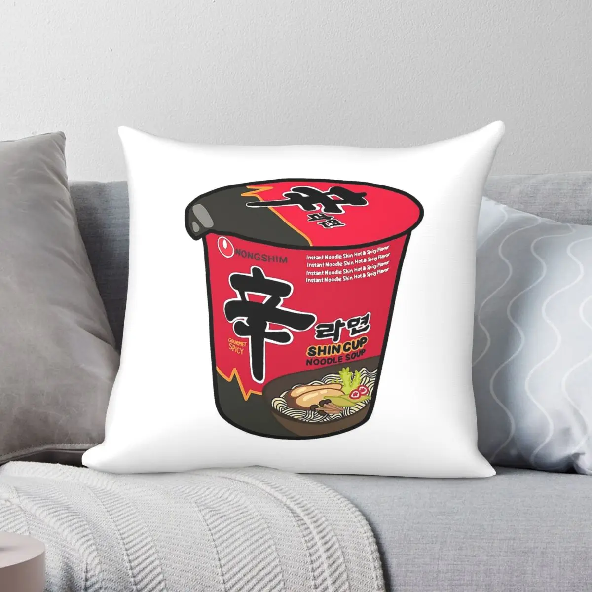 Funda de almohada cuadrada Shin Ramen Cup, funda de almohada decorativa con cremallera y patrón de terciopelo y lino de poliéster, funda de cojín para habitación