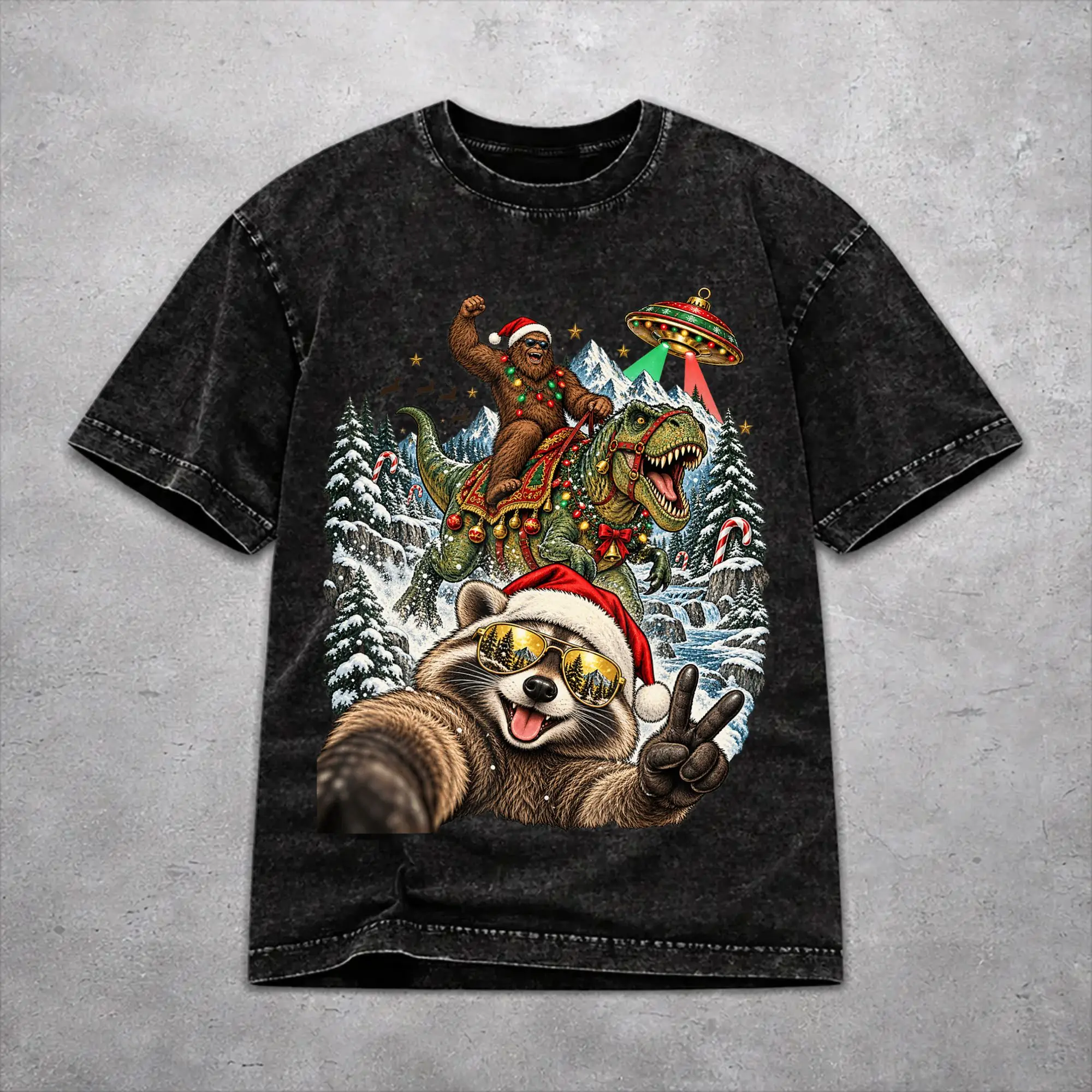 Funny Bigfoot Ride Dinosaur Raccoon T Shirt Vintage Washed Style For Men Women Pure Cotton T-Shirts Tee Clothes