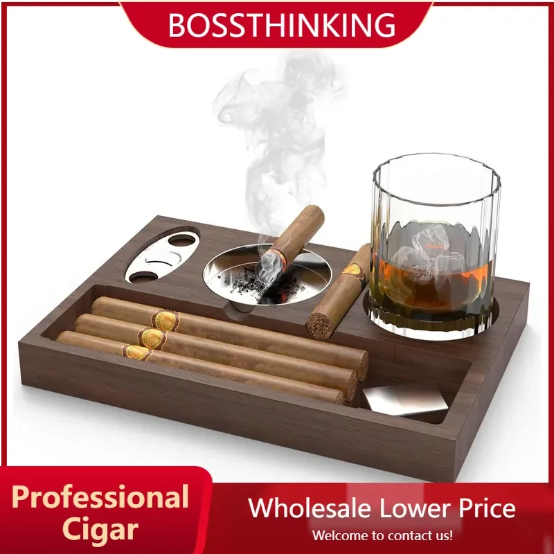 

Cigar Ashtray Wooden Portable Outdoor Cigar Accessories Set Whiskey Glass Tray and Detachable Outdoor Ashtray for Cigarettes